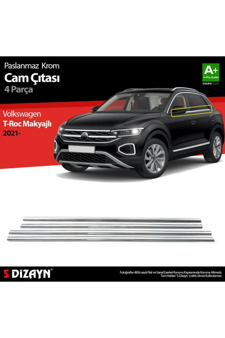 S-Dizayn Vw T-Roc Makyajlı Krom Cam Çıtası 4 Prç. 2021 Üzeri