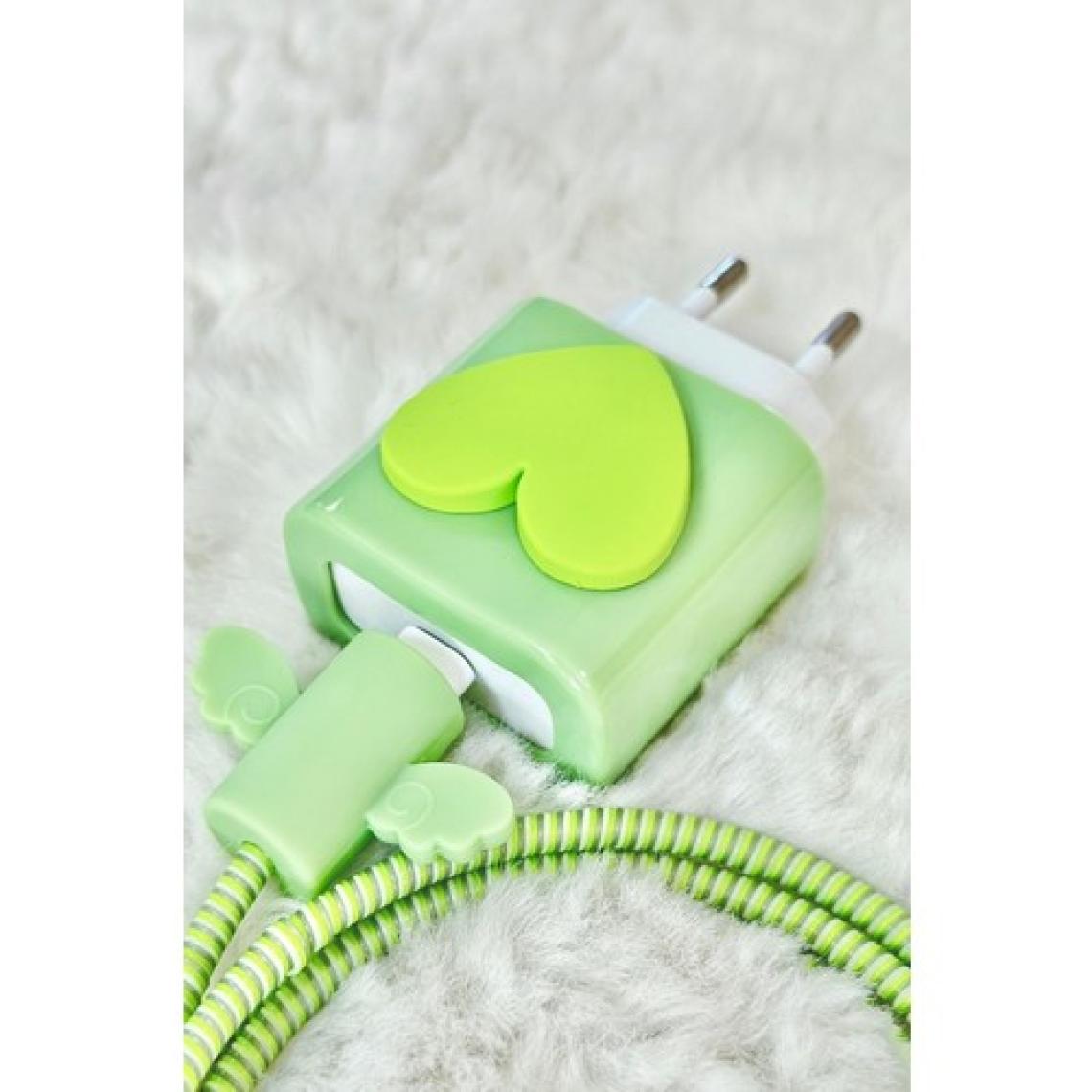 Apple iPhone 18W/20W Uyumlu Şarj Başlık Kablo Koruyucu Örme Set Yeşil Kalp