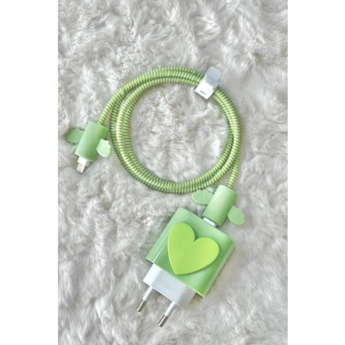 Apple iPhone 18W/20W Uyumlu Şarj Başlık Kablo Koruyucu Örme Set Yeşil Kalp