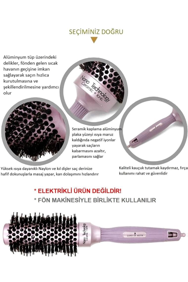 32 mm Nano Teknoloji Seramik + İyonik Termal Fön Saç Fırçası, Doğal Kıl Diş, Profesyonel Seri