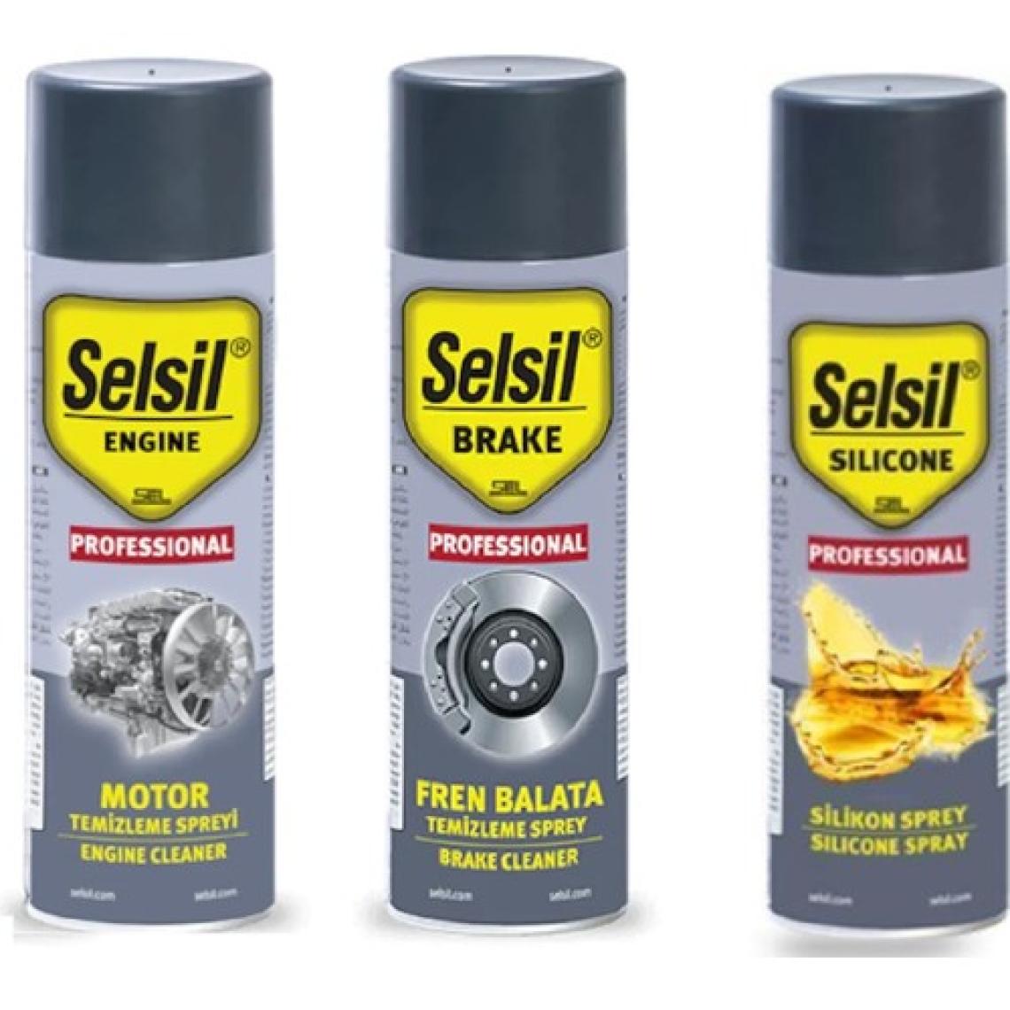 Selsil Oto Bakım Seti Motor Temizleme Spreyi 500 ml / Silikon Sprey 500 ml / Fren Balata Spreyi 500 ml