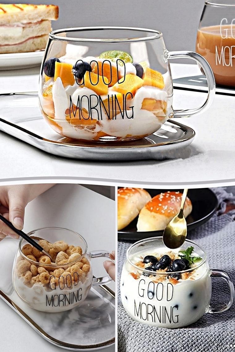 Melyet Good Morning Kulplu Yuvarlak Kupa Bardak Kahve Sunum Bardağı Isıya Dayanıklı Borosilikat Cam Bardak
