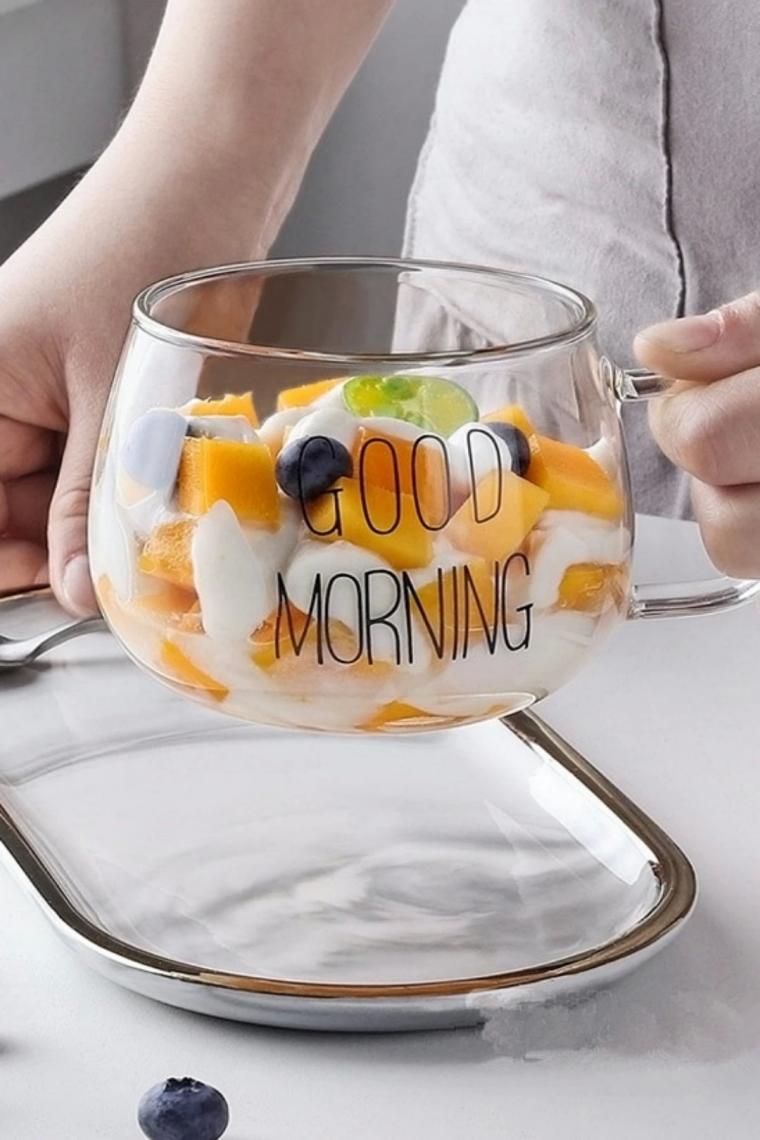 Melyet Good Morning Kulplu Yuvarlak Kupa Bardak Kahve Sunum Bardağı Isıya Dayanıklı Borosilikat Cam Bardak