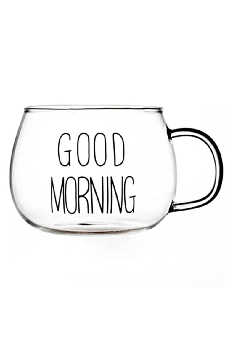 Melyet Good Morning Kulplu Yuvarlak Kupa Bardak Kahve Sunum Bardağı Isıya Dayanıklı Borosilikat Cam Bardak