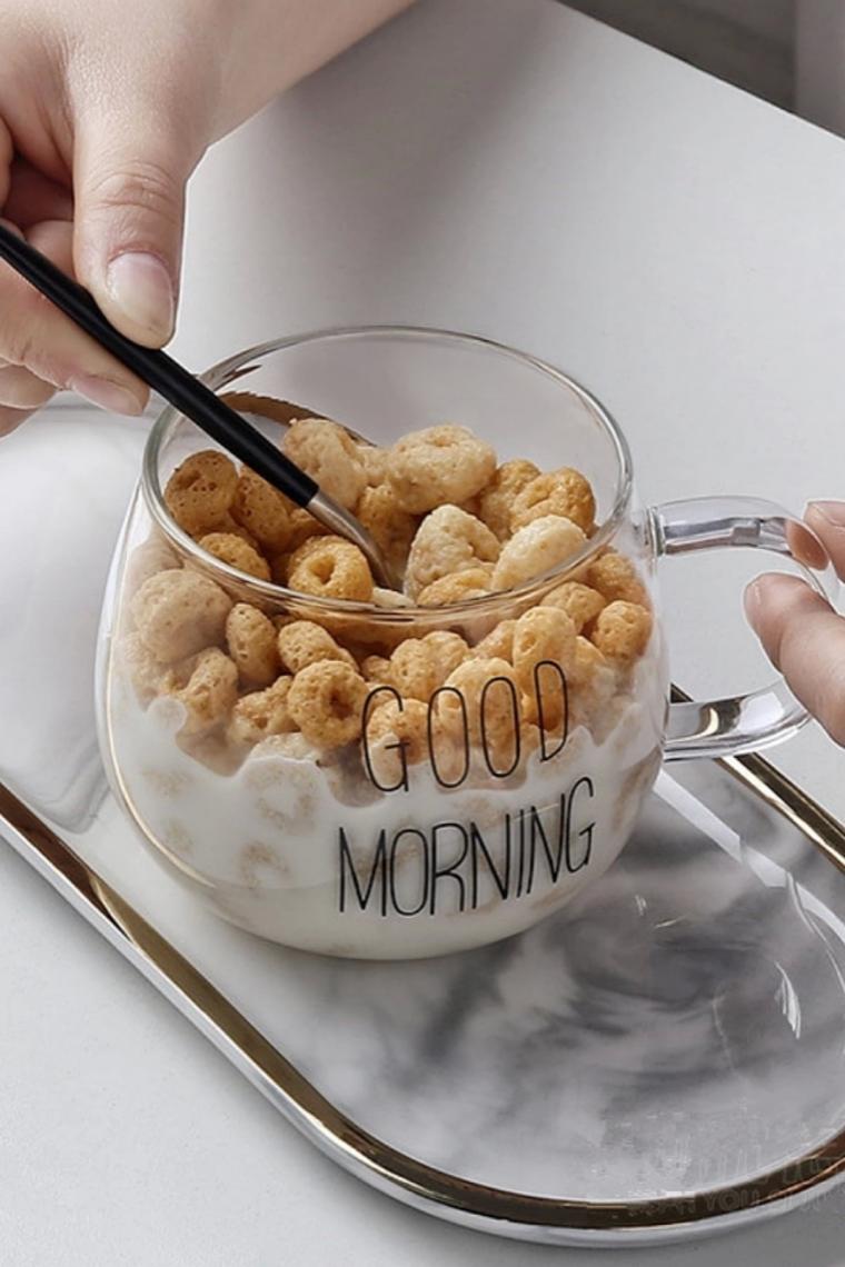 Melyet Good Morning Kulplu Yuvarlak Kupa Bardak Kahve Sunum Bardağı Isıya Dayanıklı Borosilikat Cam Bardak