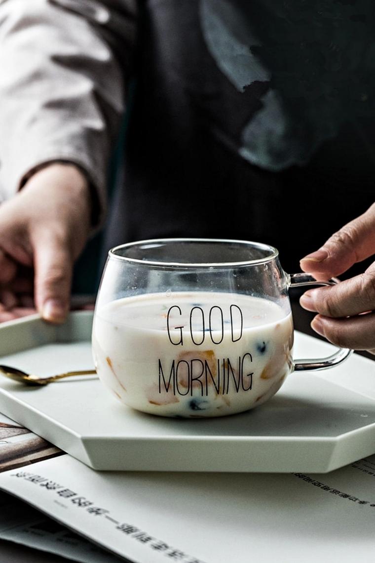 Melyet Good Morning Kulplu Yuvarlak Kupa Bardak Kahve Sunum Bardağı Isıya Dayanıklı Borosilikat Cam Bardak