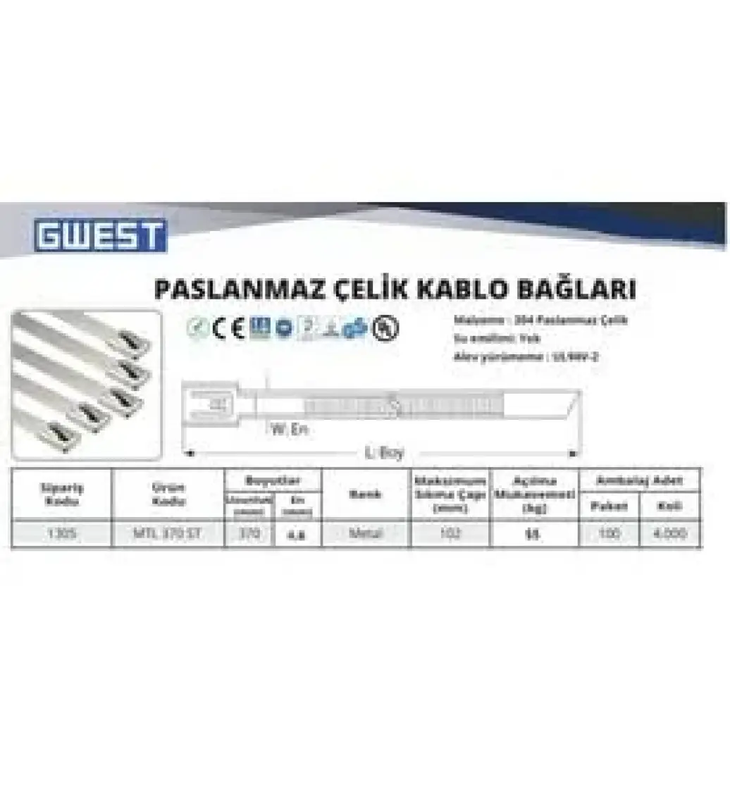 Gwest Mtl 370ST 370 x 4,6 Paslanmaz Çelik Kablo Bağı