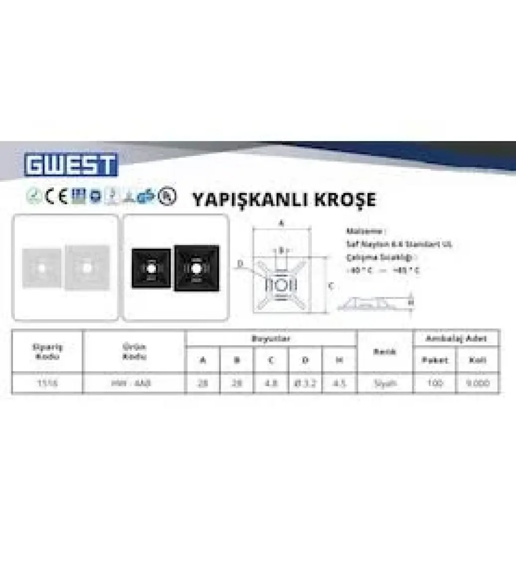 Gwest HW-4AB 28 x 28 mm Siyah Yapışkan Kroşe