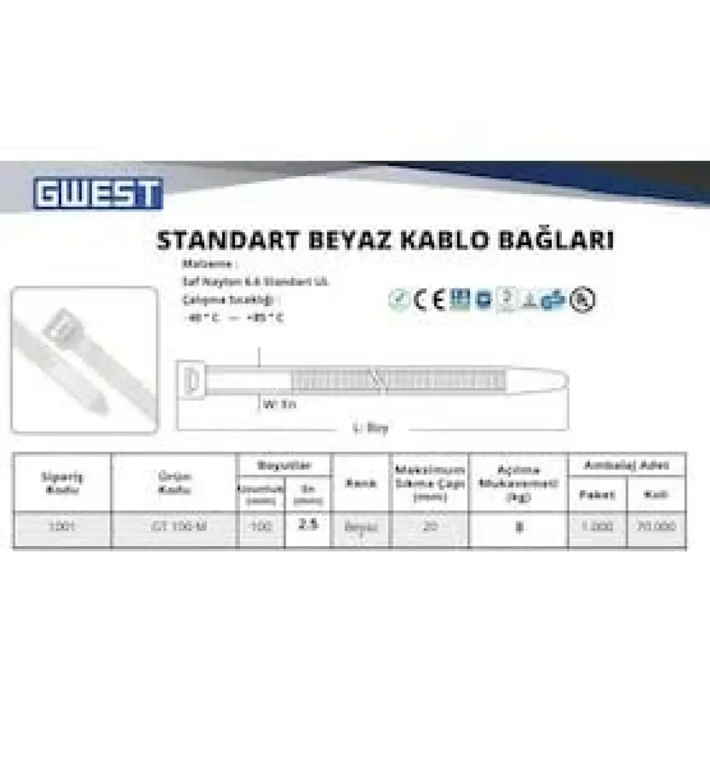 Gwest Gt 100M 100 x 2,5 mm Beyaz Kablo Bağı
