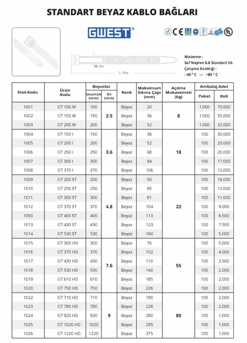 Gwest Gt 100M 100 x 2,5 mm Beyaz Kablo Bağı