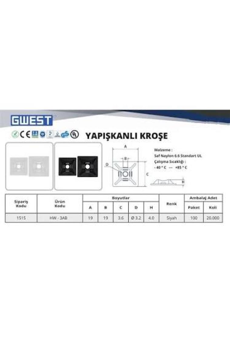 Gwest HW-3AB 19 x 19 mm Siyah Yapışkan Kroşe