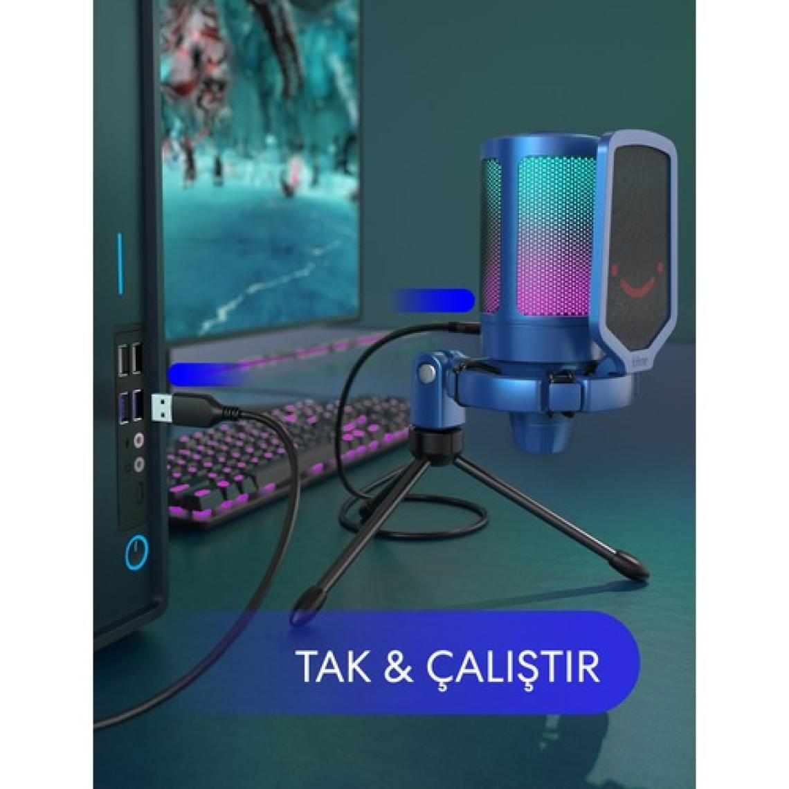 Fifine Ampligame A6V Mavi RGB USB Yayıncı Mikrofon