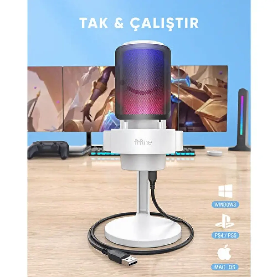 Fifine Ampligame A8 Beyaz Yayıncı Mikrofonu