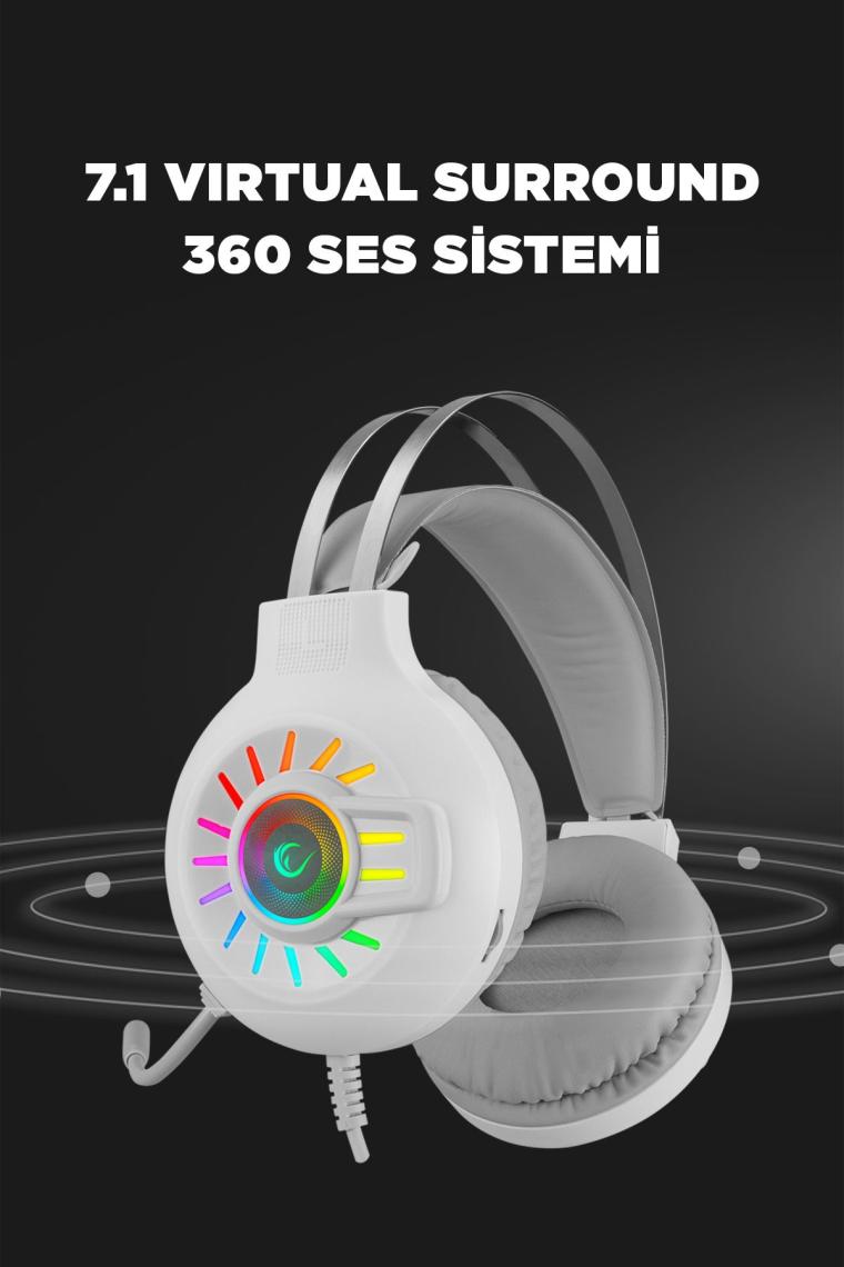 Rampage RM-K44 Zengibar 7.1 RGB Mikrofonlu Kablolu Beyaz Kulak Üstü Oyuncu Kulaklığı