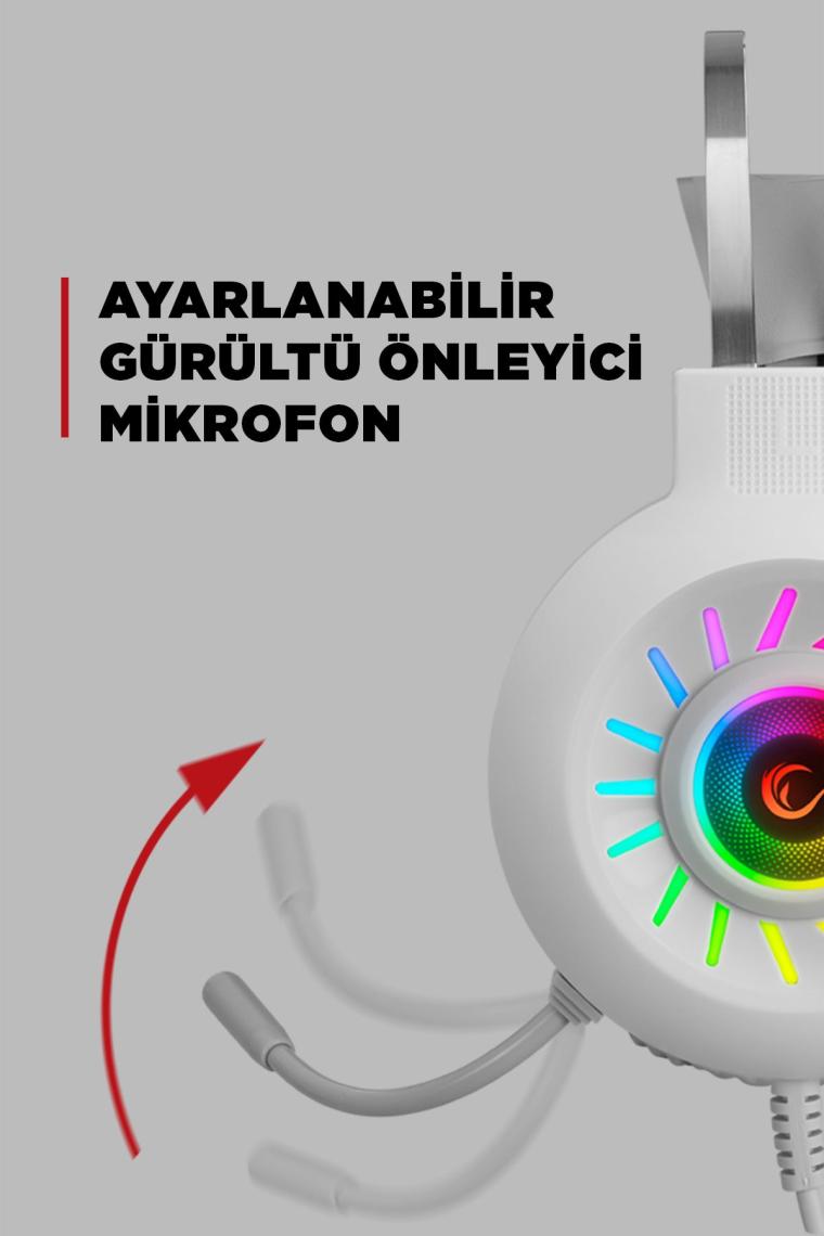 Rampage RM-K44 Zengibar 7.1 RGB Mikrofonlu Kablolu Beyaz Kulak Üstü Oyuncu Kulaklığı