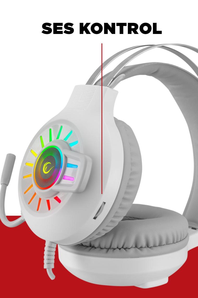 Rampage RM-K44 Zengibar 7.1 RGB Mikrofonlu Kablolu Beyaz Kulak Üstü Oyuncu Kulaklığı