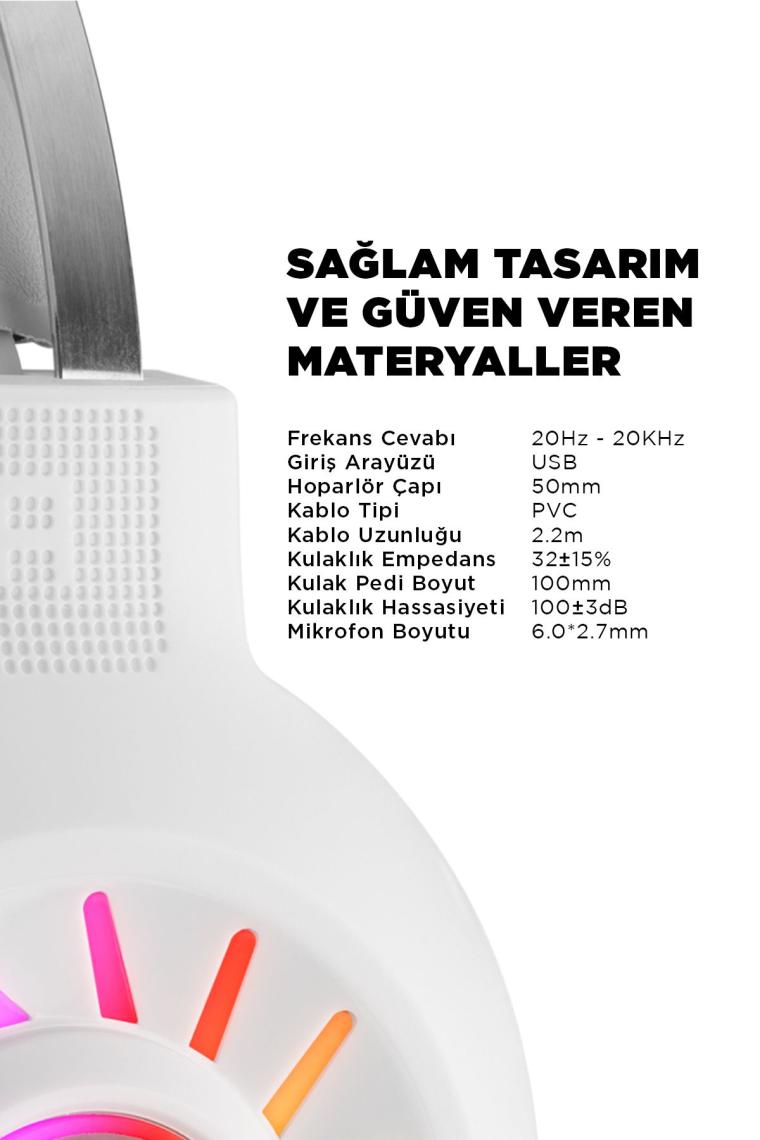 Rampage RM-K44 Zengibar 7.1 RGB Mikrofonlu Kablolu Beyaz Kulak Üstü Oyuncu Kulaklığı