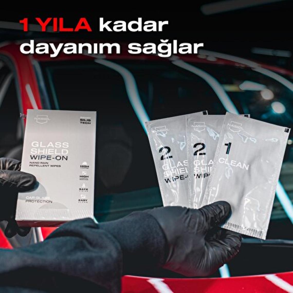 Nasiol GlasShield Wipe-On Araç Nano Yağmur Kaydırıcı Ve Su İtici Mendil-1 Yıl Etkili-Cam Bakımı