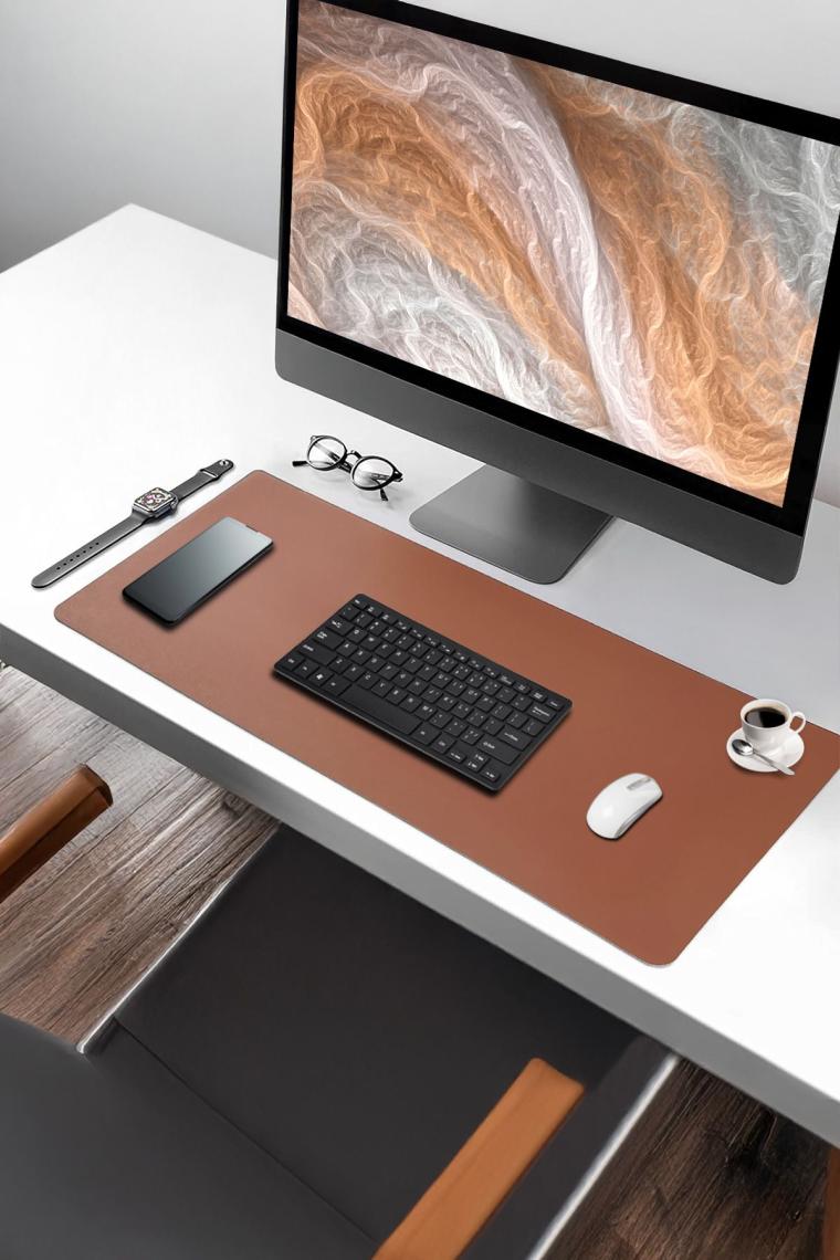Black Deer Kahverengi PU Deri Mouse Pad Dikişli Kenar  Çift Yönlü Kullanım Masa Matı Sümen 90X40 Xl