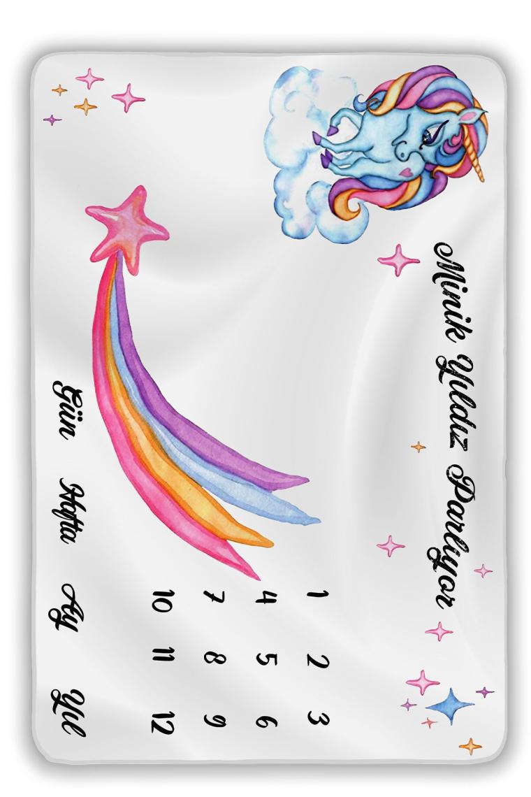 Bebek Hediyelik Unicorn Anı Battaniyesi Gökkuşağı Ve Tek Boynuzlu At Desenli, Anı Kartı Hediye Seti