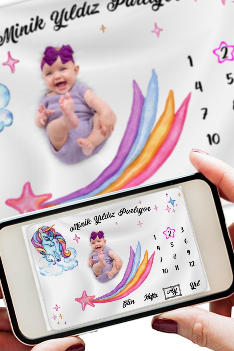 Bebek Hediyelik Unicorn Anı Battaniyesi Gökkuşağı Ve Tek Boynuzlu At Desenli, Anı Kartı Hediye Seti