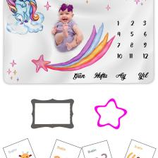 Bebek Hediyelik Unicorn Anı Battaniyesi Gökkuşağı Ve Tek Boynuzlu At Desenli, Anı Kartı Hediye Seti