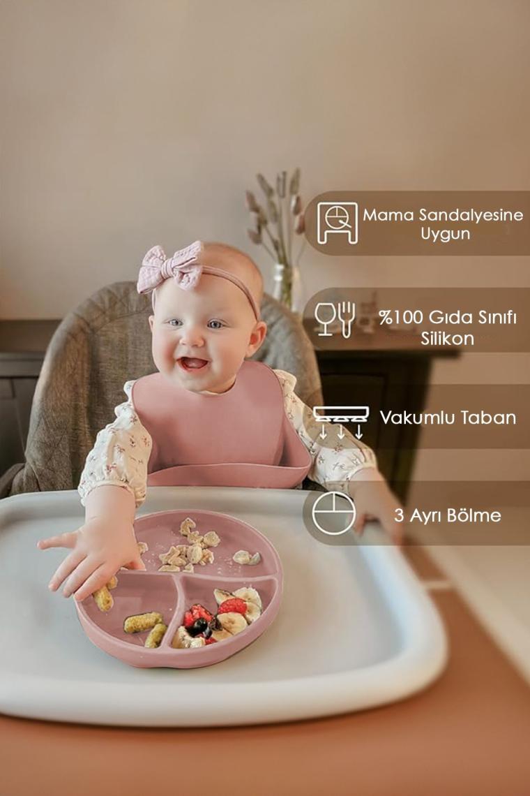 2'li Silikon Bebek Beslenme Seti - Vakum Tabanlı Mama Tabağı Ayarlanabilir Silikon Mama Önlüğü Pembe