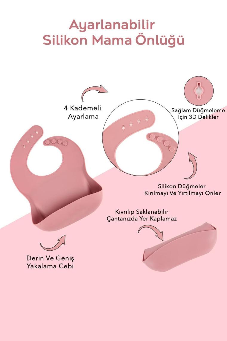 2'li Silikon Bebek Beslenme Seti - Vakum Tabanlı Mama Tabağı Ayarlanabilir Silikon Mama Önlüğü Pembe