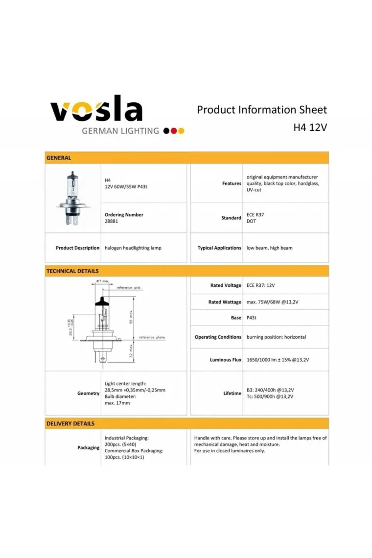 Vosla 12V H4 Ampul Halogen 60/55W P43T 28881 (2 Li)