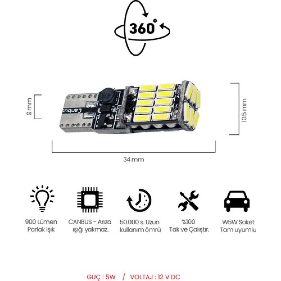 Waxen T10 Park Ampulü 26 LED Canbus Dipsiz W5W 194 6500K Beyaz Güçlü Işık