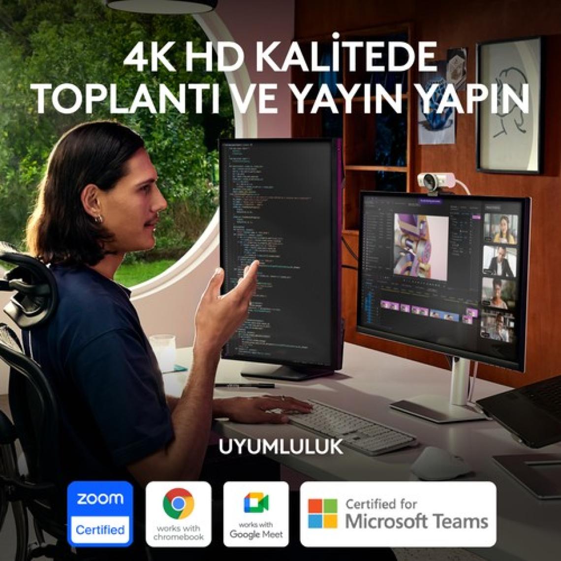 Logitech Mx Brio Ultra Hd 4K Gizlilik Kapaklı ve Mikrofonlu Yayın Web Kamerası, Açık Gri