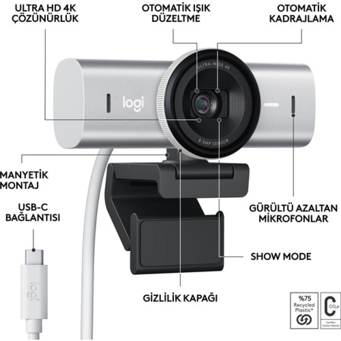 Logitech Mx Brio Ultra Hd 4K Gizlilik Kapaklı ve Mikrofonlu Yayın Web Kamerası, Açık Gri