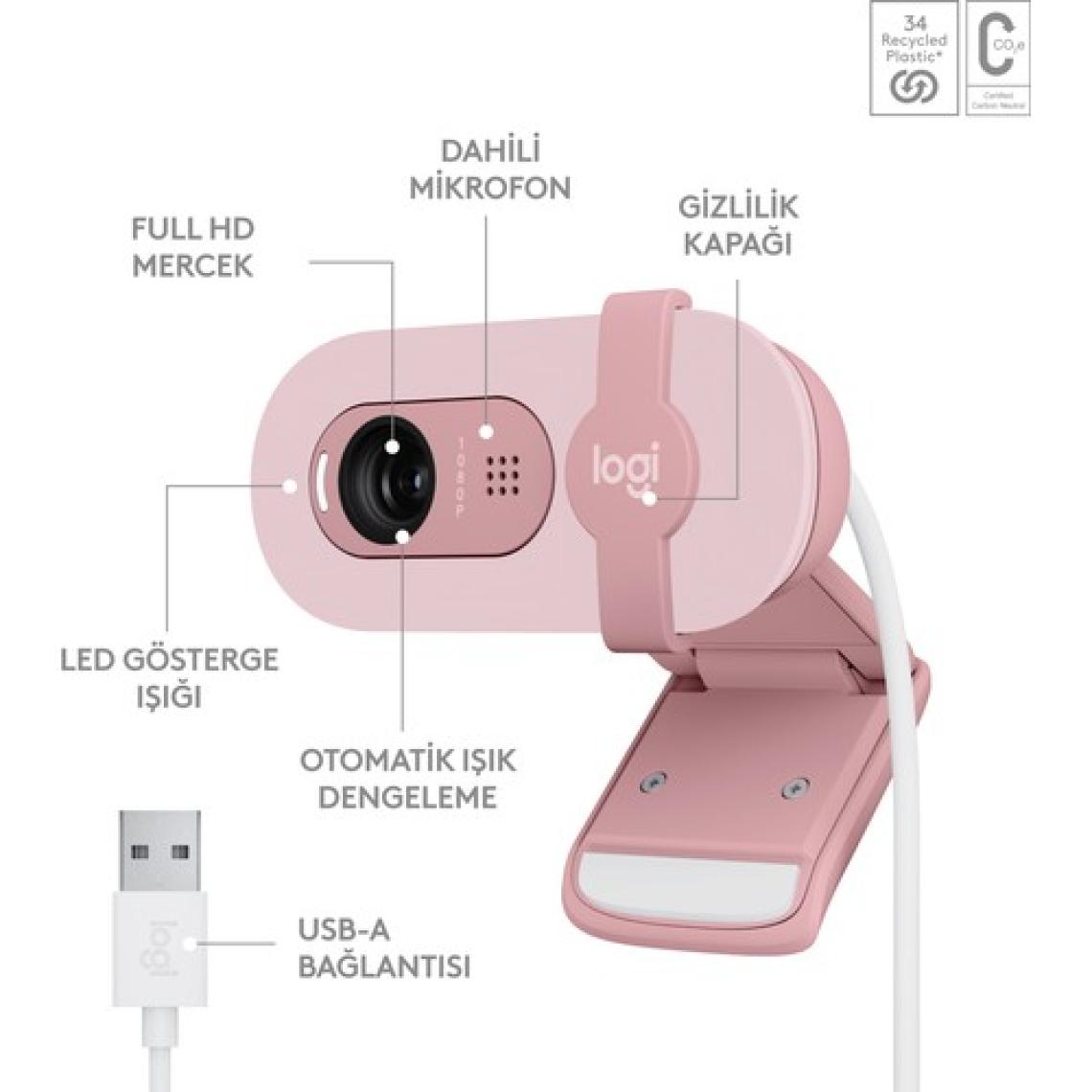 Logitech Brio 100 Pembe Full HD 1080P Mikrofonlu Webcam