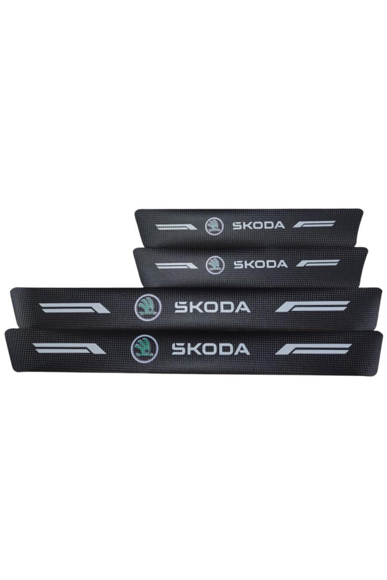 Fruens Skoda Logolu Karbon Kapı Eşiği Koruyucu Bant Folyo 4'lü Set