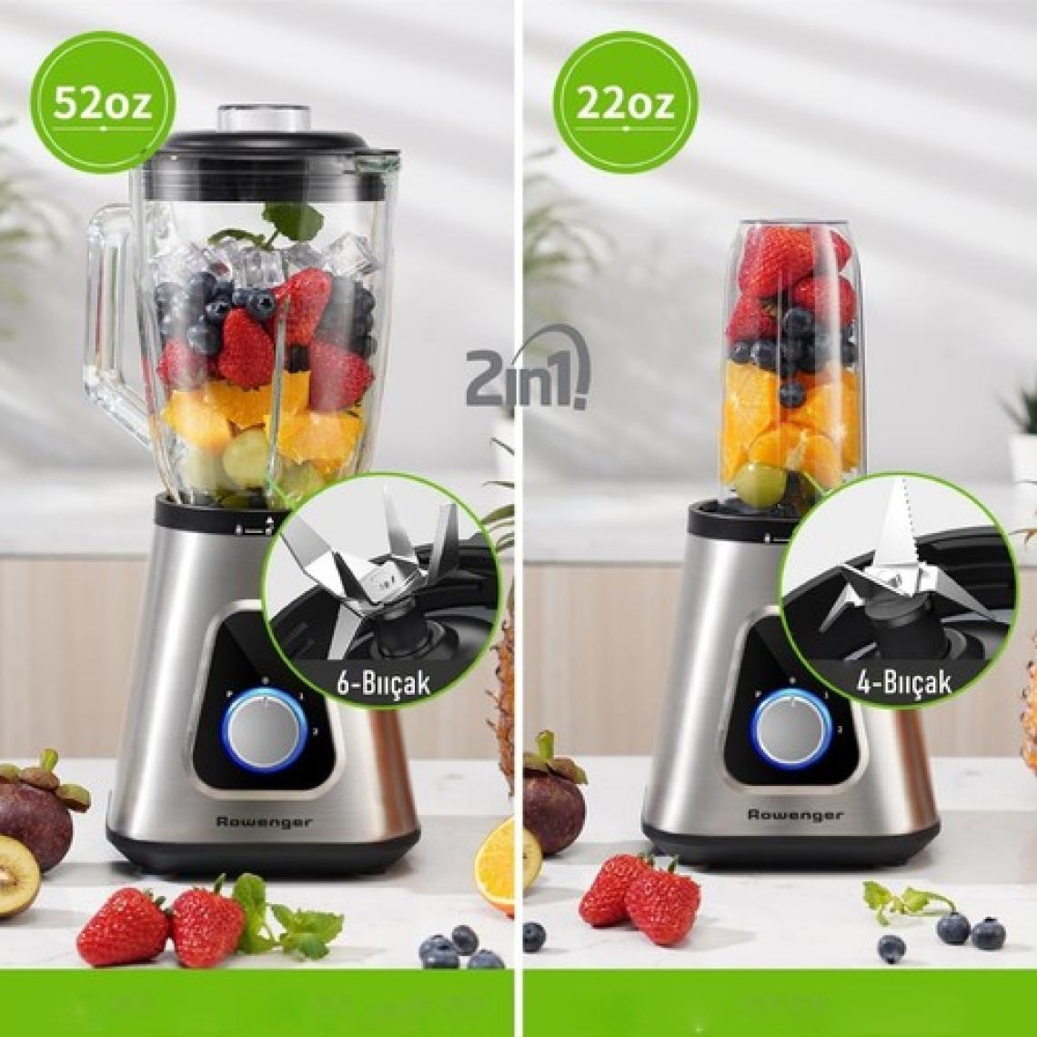 Rowenger 2in1 Inox 1.5lt Cam Hazneli Sürahi Smoothie Blender + 600ml Kişisel Blender