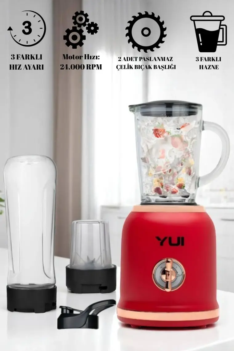 Yui M-18 3'ü 1 Arada Retro Smoothie Blender Seti (Yui Türkiye Garantili)