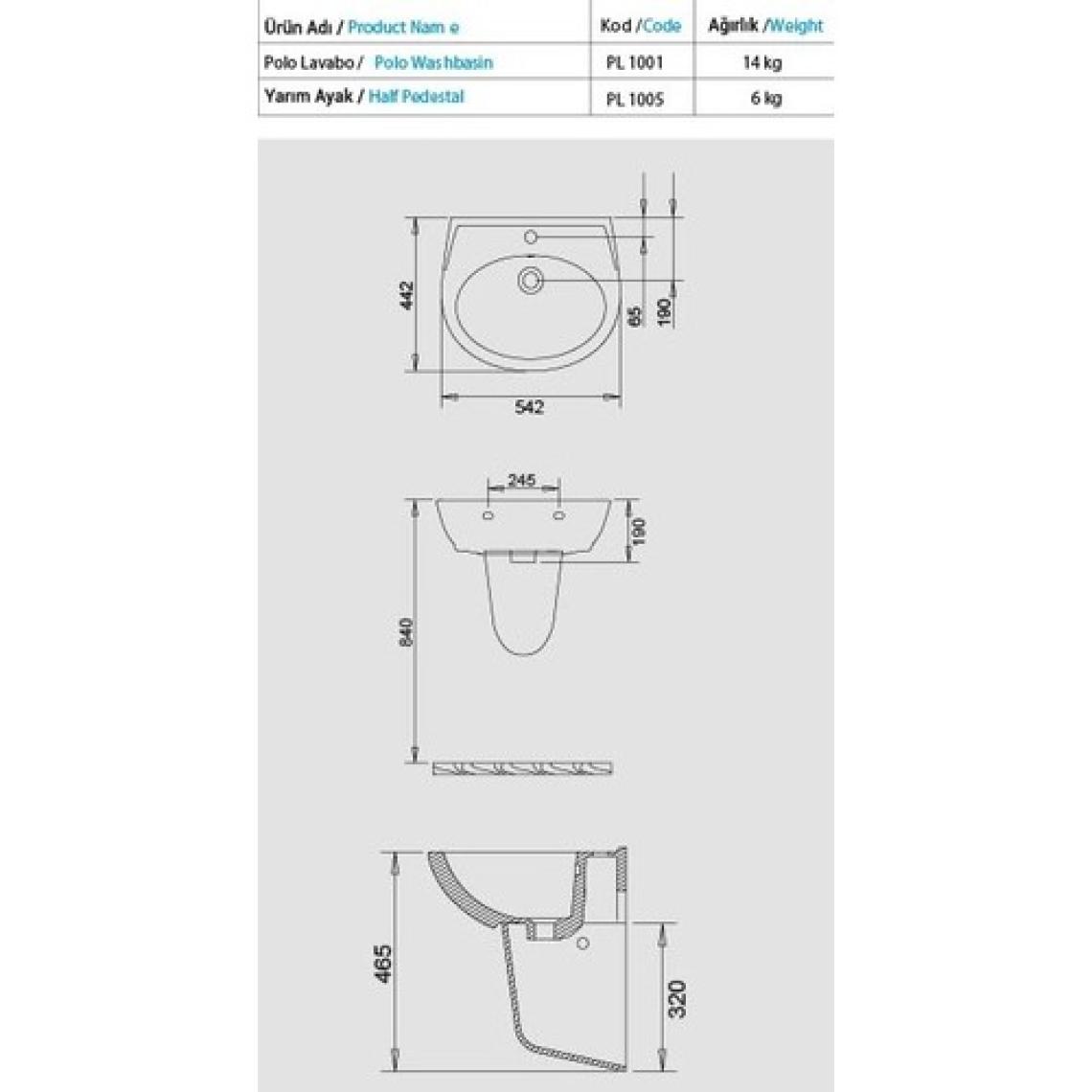 Turavit Polo Yarım Ayak Lavabo 45X55