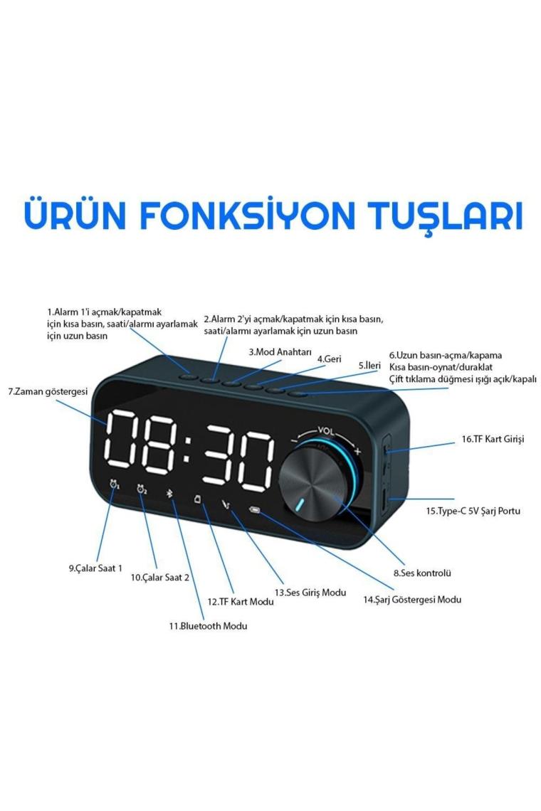 Dijital Çalar Saat Led Ekran Bluetooth Hoparlör Mp3 Fm Radyo Alarm Masa Saati