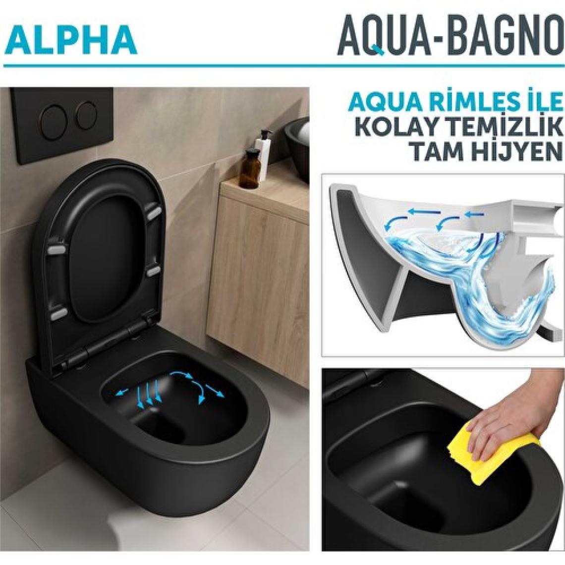 Aqua Bagno Alpha Asma Klozet + Yavaş  Kapanan Kapak -Mat Siyah