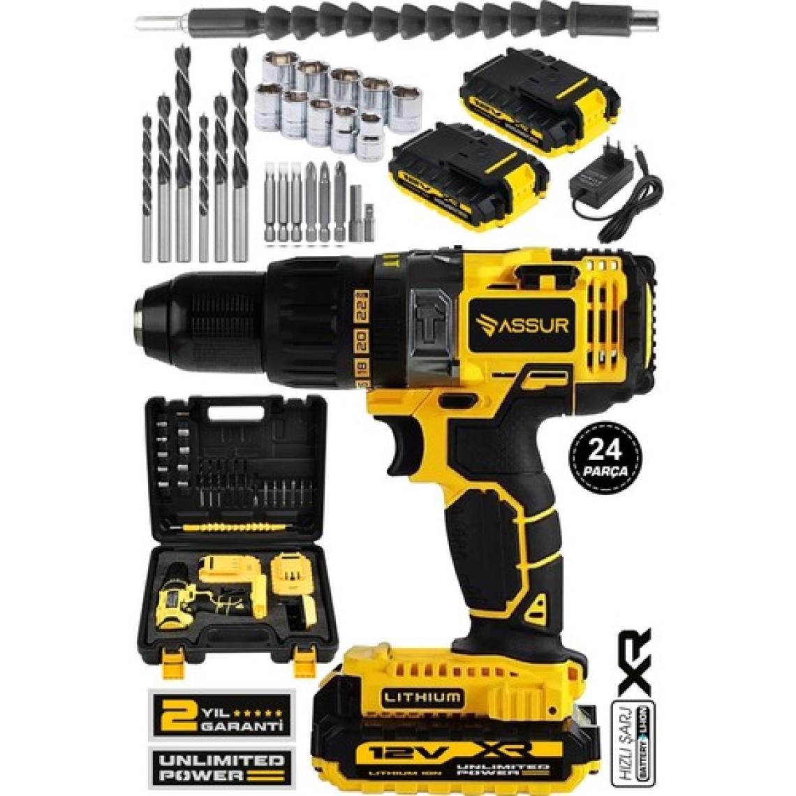 Assur 12V Çift Akülü Metal Şanzıman Şarjlı Darbeli Matkap Akülü Vidalama