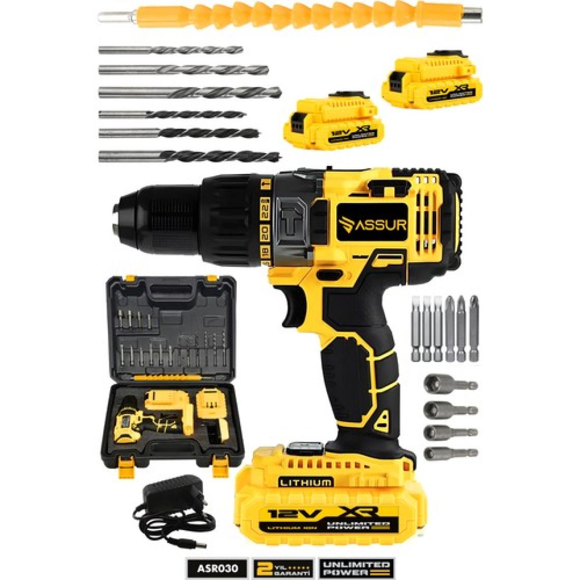 Assur 12V Çift Akülü Metal Şanzıman Bakır Sargı Akülü Vidalama Şarjlı Matkap