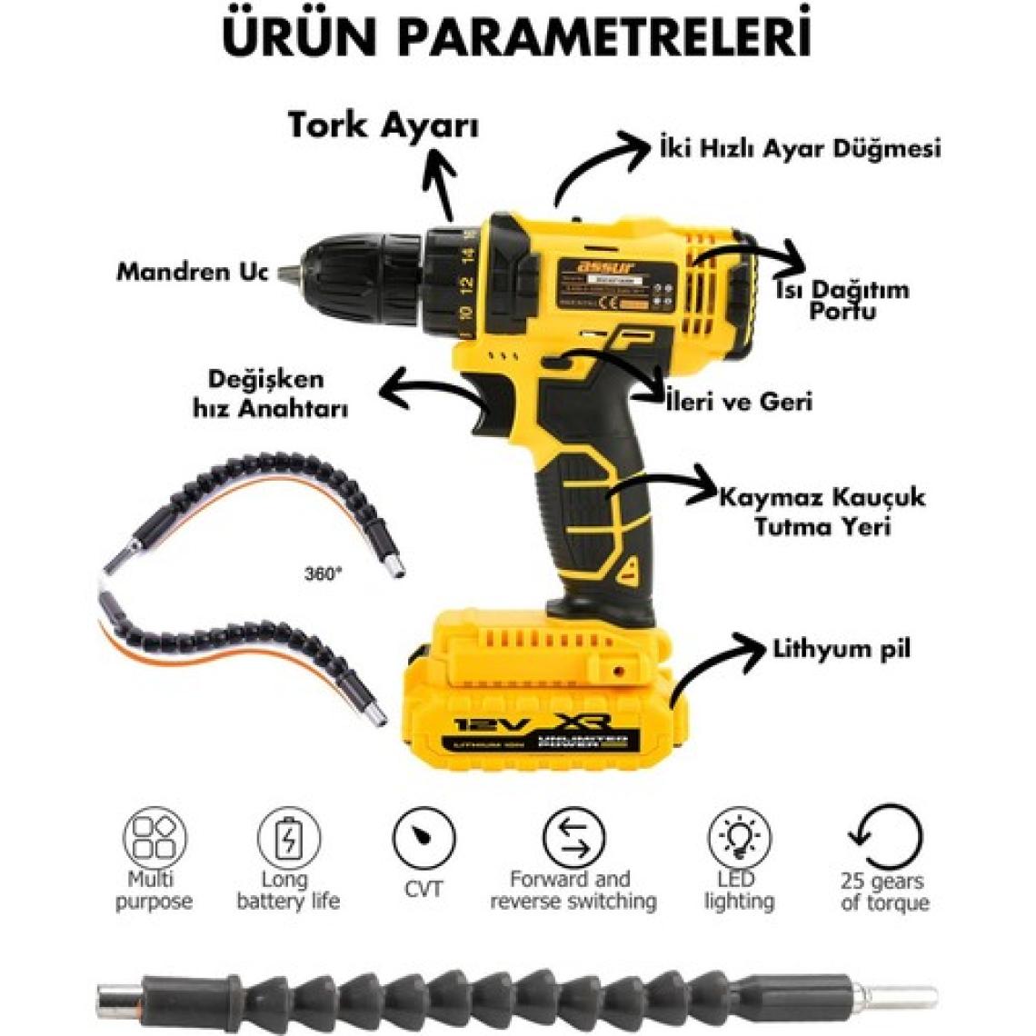 Assur 12V Çift Akülü Metal Şanzıman Bakır Sargı Akülü Vidalama Şarjlı Matkap