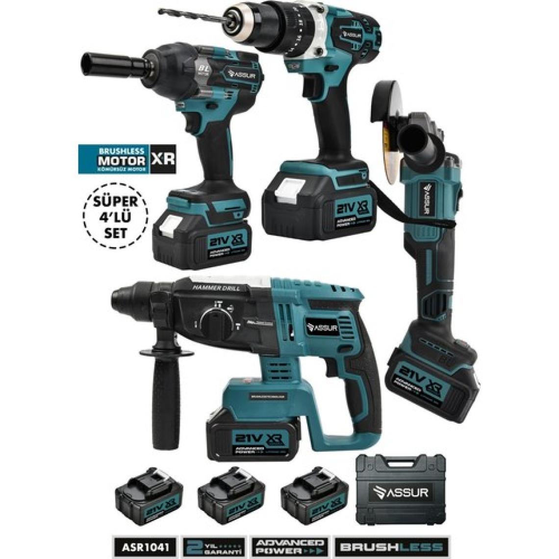 Assur Profesyonel 21V Akülü Kırıcı Delici Hilti Taşlama Matkap Somun Sökme 4'lü Set