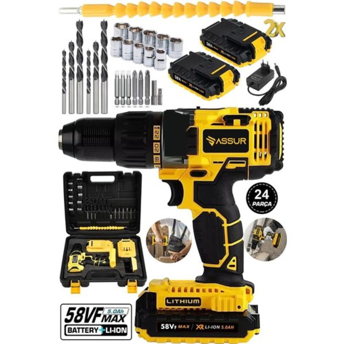 ASSUR Şarjlı Matkap Çift Akülü 24 Parça Plastik Mandren Sarı 58vf