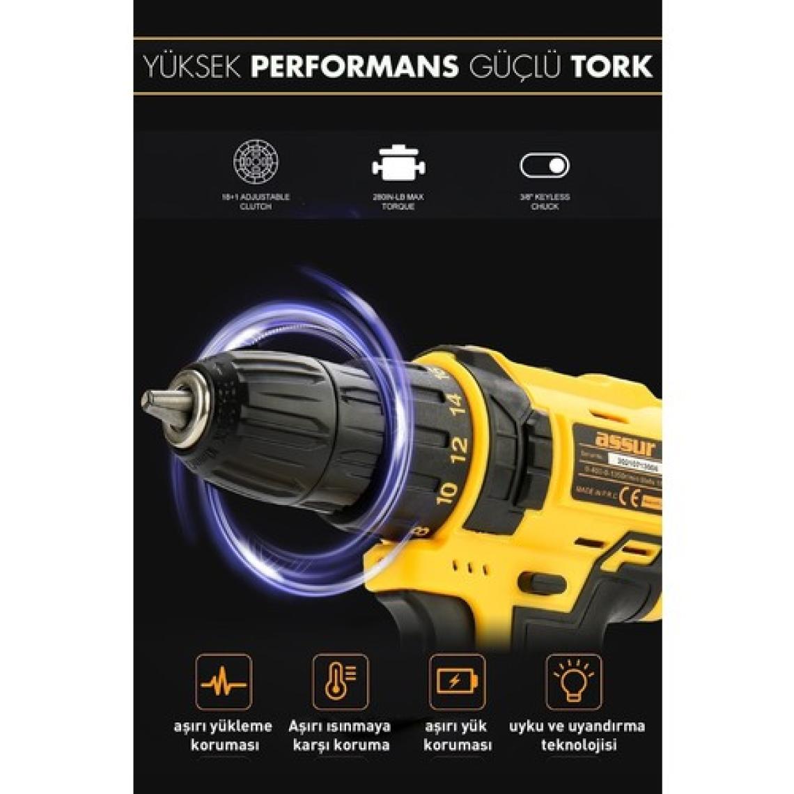 ASSUR Şarjlı Matkap Çift Akülü 24 Parça Plastik Mandren Sarı 58vf