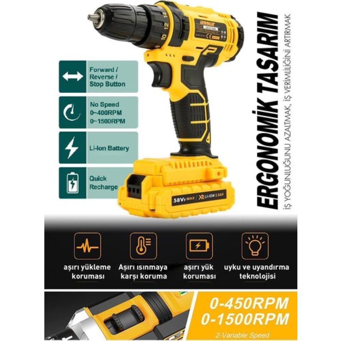 ASSUR Şarjlı Matkap Çift Akülü 24 Parça Plastik Mandren Sarı 58vf