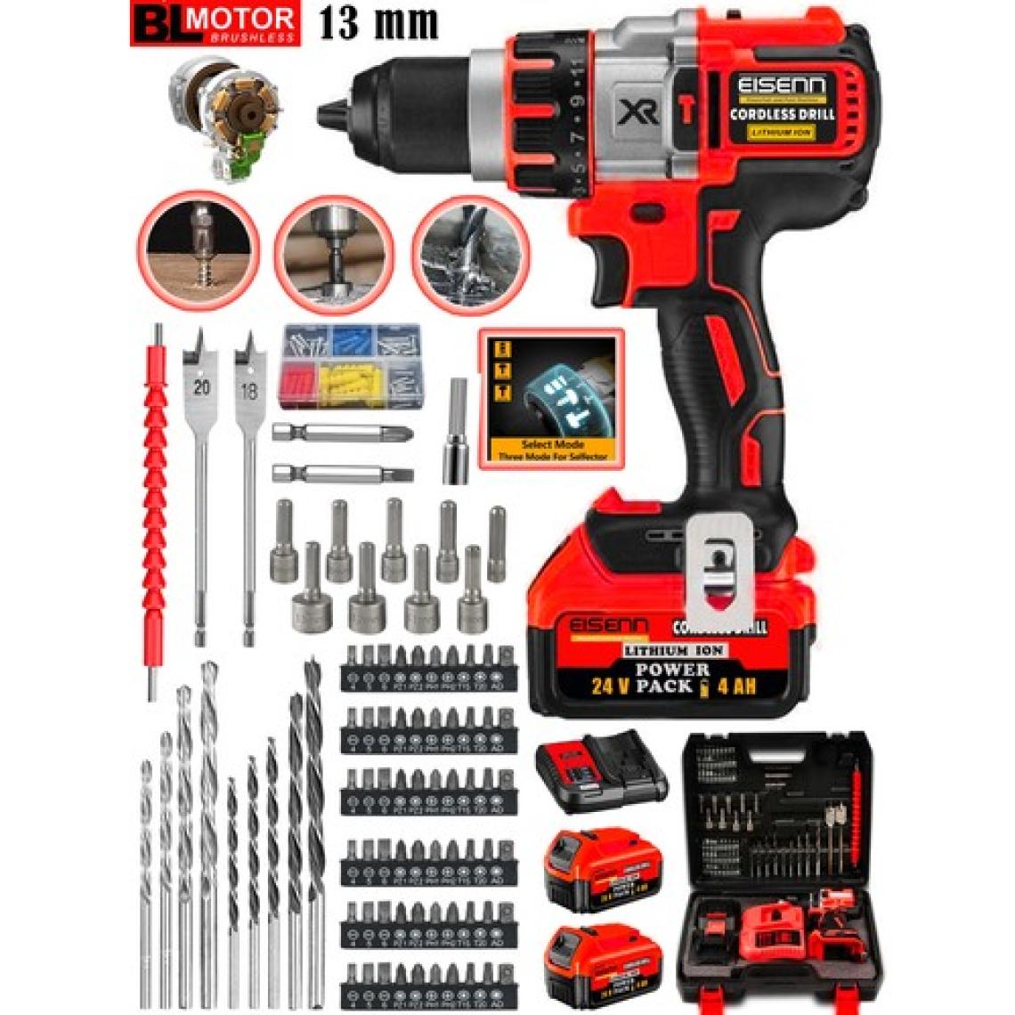 Eisenn Germany Red Xr Orginal 13   mm Metal Mandren 24 V 4 Ah Bl Fırçasız Motor Akülü Darbeli Matkap 10 Pilli