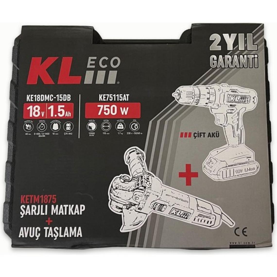 KL Pro  Kl Eco 18v/1.5 Ah Çift Akülü Darbeli Matkap + 750w Avuç Taşlama + 23 Parça Aksesuar Ketm1875