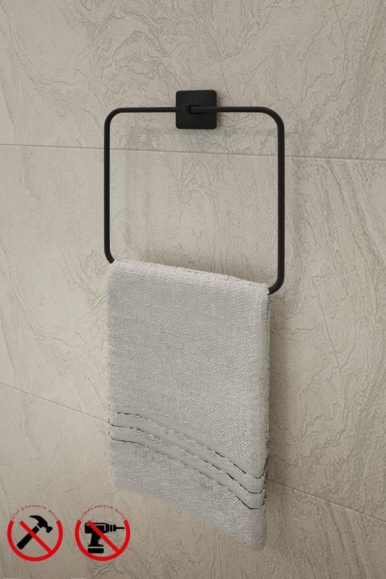 Yapışkanlı Siyah Kare Havluluk | Delmeden Montaj | Modern Banyo Havlu Askısı