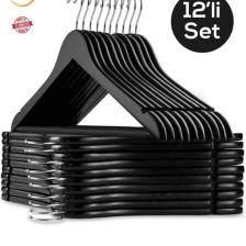 12 Adet - Ahşap Görünümlü Plastik A Kalite Siyah Elbise Askı